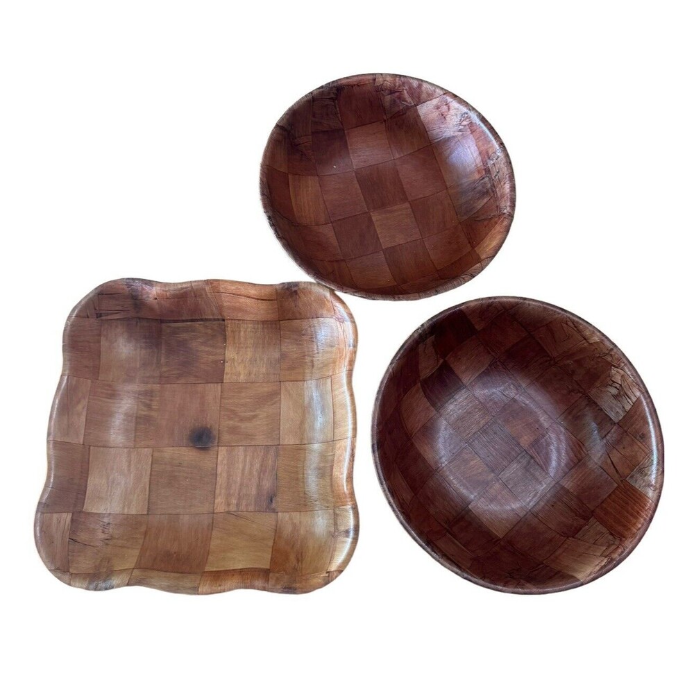 3 Vintage Weave Woven Wooden Serving/Salad Bowl Decorative Square Scallop Edge‎